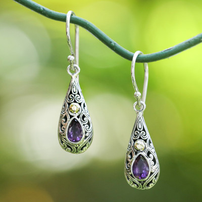 Gold-accented amethyst dangle earrings, 'Vibrant Dew' - Gold-Accented Silver Dangle Earrings with Pear Amethyst Gems