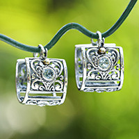 Gold-accented blue topaz hoop earrings, 'Gracious Garden' - Silver Hoop Earrings with Blue Topaz and 18k Gold Accents