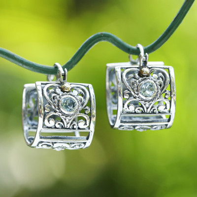 Gold-accented blue topaz hoop earrings, 'Gracious Garden' - Silver Hoop Earrings with Blue Topaz and 18k Gold Accents