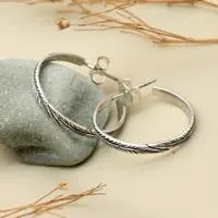 Sterling silver half-hoop earrings, 'Fabulous Feathers' - Feather-Themed Textured Sterling Silver Half-Hoop Earrings