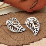 Sterling silver button earrings, 'Leaves of Wonder' - Leaf-Themed Openwork Sterling Silver Button Earrings