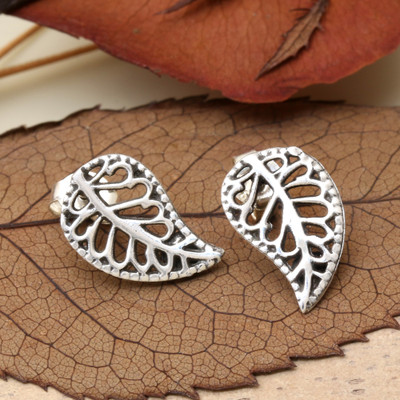 Sterling silver button earrings, 'Leaves of Wonder' - Leaf-Themed Openwork Sterling Silver Button Earrings