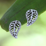 Sterling silver button earrings, 'Leaves of Wonder' - Leaf-Themed Openwork Sterling Silver Button Earrings