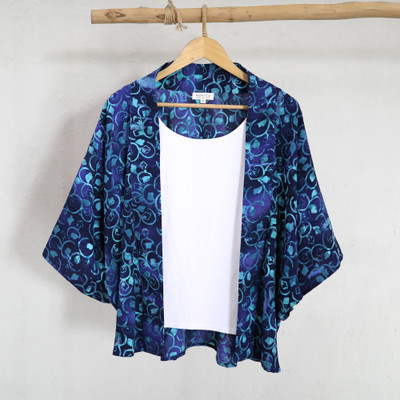 Batik rayon jacket, 'Midnight Eden' - Batik-Patterned Midnight and Cerulean 100% Rayon Jacket