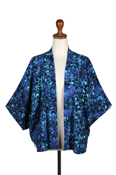 Batik rayon jacket, 'Midnight Eden' - Batik-Patterned Midnight and Cerulean 100% Rayon Jacket