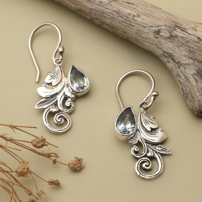 Blue topaz dangle earrings, 'Garden of Devotion' - Leaf-Themed 2-Carat Blue Topaz Silver Dangle Earrings