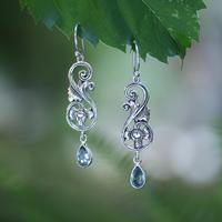 Blue topaz dangle earrings, 'Garden Allure' - Floral-Themed Silver Earrings with 2-Carat Blue Topaz Stones