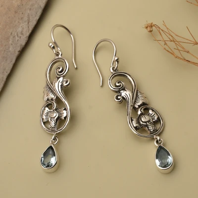 Blue topaz dangle earrings, 'Garden Allure' - Floral-Themed Silver Earrings with 2-Carat Blue Topaz Stones