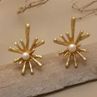 Gold-plated cultured pearl drop earrings, 'Pearly Splash' - 18k Gold-Plated Drop-Themed Cultured Pearl Drop Earrings