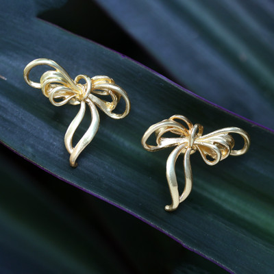 Gold-plated drop earrings, 'Ribbon of Belles' - Ribbon-Shaped Drop Earrings in an 18k Gold-Plated Finish