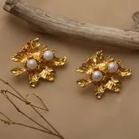 Gold-plated cultured pearl button earrings, 'Marine Foliage' - Leafy 18k Gold-Plated White Cultured Pearl Button Earrings
