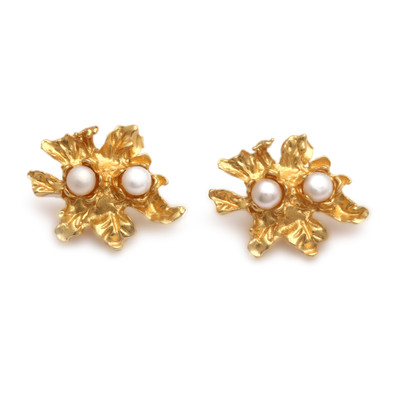 Gold-plated cultured pearl button earrings, 'Marine Foliage' - Leafy 18k Gold-Plated White Cultured Pearl Button Earrings