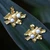 Gold-plated cultured pearl button earrings, 'Marine Foliage' - Leafy 18k Gold-Plated White Cultured Pearl Button Earrings (image 2d) thumbail