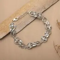 Sterling silver link bracelet, 'Distinguished Lotus' - Polished and Oxidized Baroque Lotus Sterling Silver Bracelet