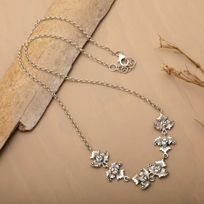 Sterling silver pendant necklace, 'Lotus & Luxury' - Floral Lotus-Themed Sterling Silver Pendant Link Necklace
