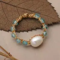 Cultured pearl and blue topaz beaded cocktail ring, 'Morning Ocean' - Blue Topaz Beaded Cocktail Ring with White Cultured Pearl