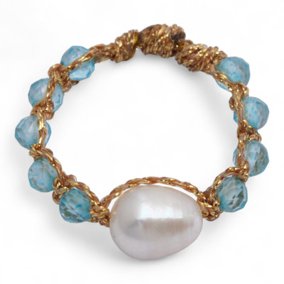 Cultured pearl and blue topaz beaded cocktail ring, 'Morning Ocean' - Blue Topaz Beaded Cocktail Ring with White Cultured Pearl