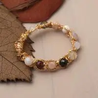 Agate beaded band ring, 'Stunning Rainbow' - Beaded Band Ring with Colorful Agate Stones from Bali