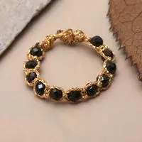 Onyx beaded band ring, 'Stunning Black' - Handmade Black Onyx Beaded Band Ring with Golden-Hued Cords