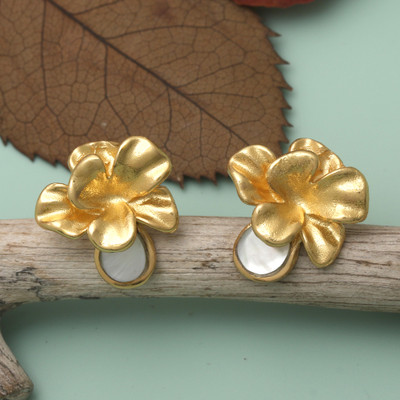 Gold-accented button earrings, 'Jasmine Reflection' - Polished 18k Gold-Accented Brass Jasmine Button Earrings