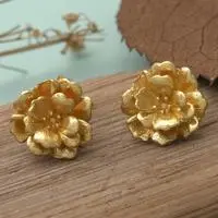 Gold-plated button earrings, 'Victory of Hibiscus' - Balinese Hibiscus-Shaped 18k Gold-Plated Button Earrings