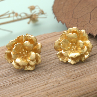 Gold-plated button earrings, 'Victory of Hibiscus' - Balinese Hibiscus-Shaped 18k Gold-Plated Button Earrings