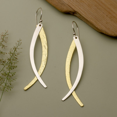 Gold-plated brass and sterling silver dangle earrings, 'Divergent Roads' - Modern Textured Gold-Plated Brass and Silver Dangle Earrings