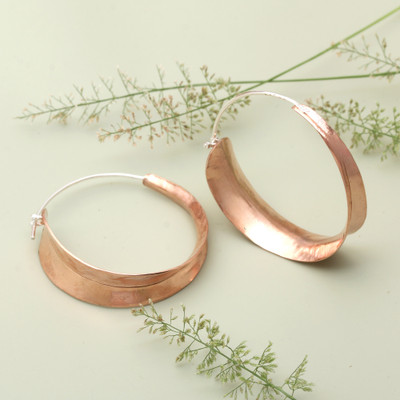 Rose gold-plated hoop earrings, 'Sweet Hula Hoop' - Hammered 18k Rose Gold-Plated Copper Hoop Earrings from Bali