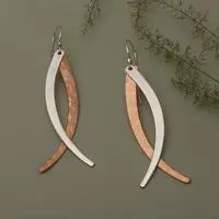 Rose gold-plated copper and sterling silver dangle earrings, 'Divergent Ways' - Textured Rose Gold-Plated Copper and Silver Dangle Earrings