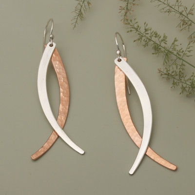 Rose gold-plated copper and sterling silver dangle earrings, 'Divergent Ways' - Textured Rose Gold-Plated Copper and Silver Dangle Earrings
