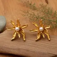 Gold-plated cultured pearl button earrings, 'Oceanic Blooms' - 18k Gold-Plated White Cultured Pearl Floral Button Earrings