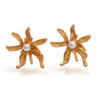 Gold-plated cultured pearl button earrings, 'Oceanic Blooms' - 18k Gold-Plated White Cultured Pearl Floral Button Earrings