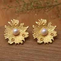 Gold-plated cultured pearl button earrings, 'Pearly Nature' - Whimsical Mushroom-Inspired Cultured Pearl Button Earrings
