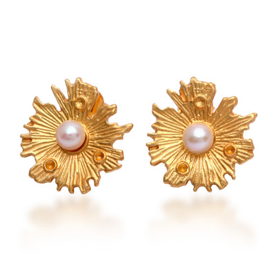 Gold-plated cultured pearl button earrings, 'Pearly Nature' - Whimsical Mushroom-Inspired Cultured Pearl Button Earrings