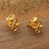 Gold-plated button earrings, 'Immortal Brushstrokes' - Whimsical High-Polished 18k Gold-Plated Button Earrings