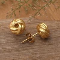 Gold-plated button earrings, 'Weaving Victory' - High-Polished 18k Gold-Plated Yarn Button Earrings from Bali