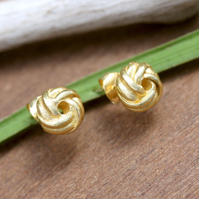 Gold-plated button earrings, 'Weaving Victory' - High-Polished 18k Gold-Plated Yarn Button Earrings from Bali