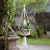 Cotton macrame flower pot hanger, 'Bohemian Garden' - Ivory Cotton Macrame Flower Pot Hanger for Indoor Spaces