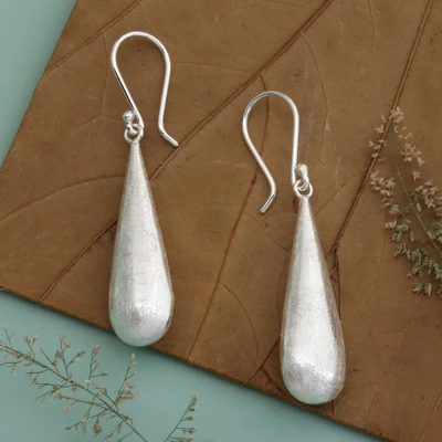 Sterling silver dangle earrings, 'Angel Wishes' - Drop-Shaped Brushed-Satin Sterling Silver Dangle Earrings