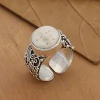 Sterling silver wrap ring, 'Blooming Moon' - Silver Wrap Cocktail Ring with Hand-Carved Moon Motif