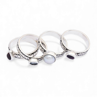 Multi-gemstone stacking solitaire rings, 'Together Forever' (set of 4) - Set of 4 Multi-Gemstone Silver Stacking Solitaire Rings