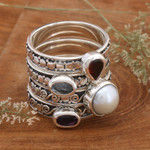 Multi-gemstone stacking solitaire rings, 'Together Forever' (set of 4) - Set of 4 Multi-Gemstone Silver Stacking Solitaire Rings