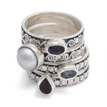 Multi-gemstone stacking solitaire rings, 'Together Forever' (set of 4) - Set of 4 Multi-Gemstone Silver Stacking Solitaire Rings