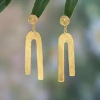 Gold-plated dangle earrings, 'Contemporary Grace' - Modern Textured Gold-Plated Brass Dangle Earrings from Bali