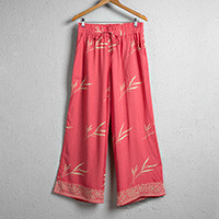 Batik rayon pants, 'Carnation Roots' - Batik Hand-Stamped Leafy Rayon Pants in Carnation Pink Hues