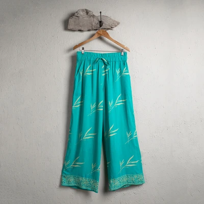 Batik rayon pants, 'Oceanic Roots' - Leafy Batik Hand-Stamped Rayon Pants in Turquoise Blue Hues