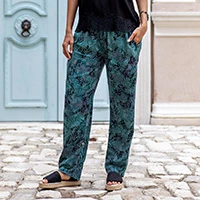 Batik rayon pants, 'Slate Leaves' - Hand-Stamped Batik Pants from Bali with Leaf Motif