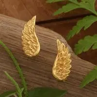 Gold-plated button earrings, 'Fly to Me' - Wing-Themed Textured 22k Gold-Plated Brass Button Earrings