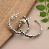 Sterling silver half-hoop earrings, 'Blooming Promise' - Spring-Inspired Floral Sterling Silver Half-Hoop Earrings