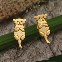 Gold-plated brass stud earrings, 'Utterly Love' - Otter-Inspired 18k Gold-Plated Brass Stud Earrings from Bali